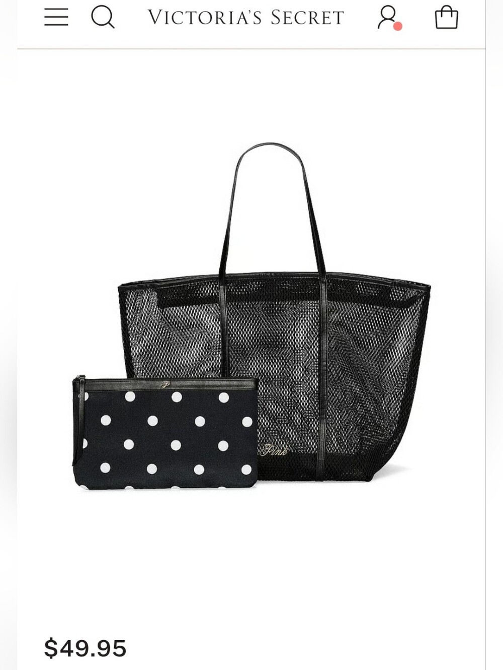NWT Victoria's Secret Black Mesh Tote with Black & White Polka Dot Pouch